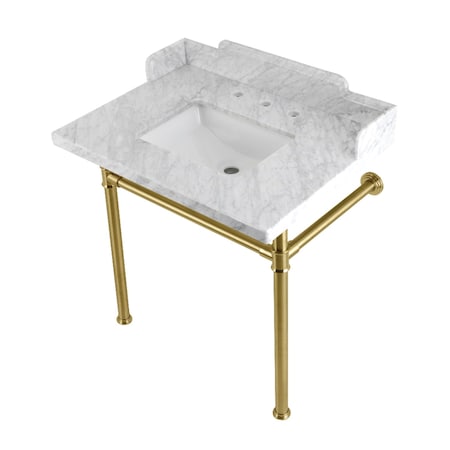 Kingston Brass 30 Carrara Marble Console Sink with Stainless Steel Legs, Marble WhiteBrushed Brass LMS30M8SQ7ST